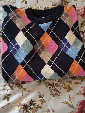 Men's Black Argyle Crewneck Cotton Sweater with Multicolor Diamonds - Large